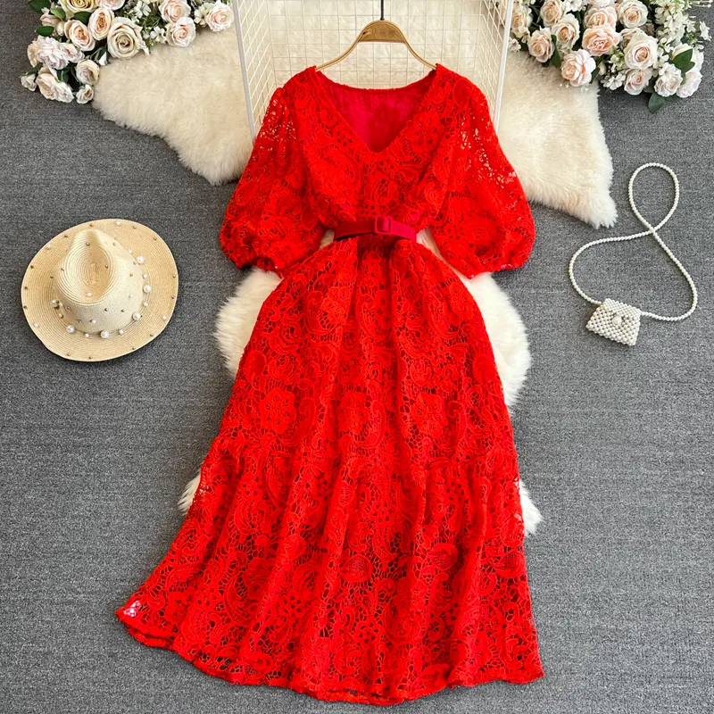 LY28 New 2023 Korean Chic Elegant Design Slim Waist Lace Dress Women Long Sleeve Dresses Clothing 2