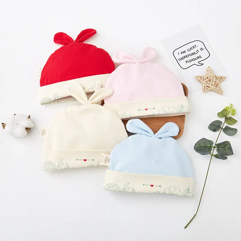 0-6M Newborn Inafant Rabbit Ear Beanie Knitting Woven Winter Hat Cotton Print Pattern Baby Girls Hats News Boy Hat