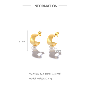 Pendientes de Aro de Plata S925 Chapados en Oro, Pendientes con Perlas en Forma de C - Product Image 2