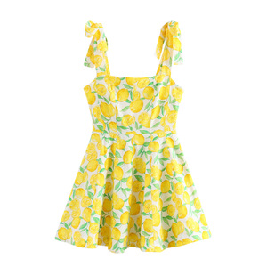 Abito Casual da donna in lino estivo <span class=keywords><strong>con</strong></span> bretelle a fiocco Mini modello di ciliegio al limone intrecciato traspirante per dolci vacanze - Product Image 1