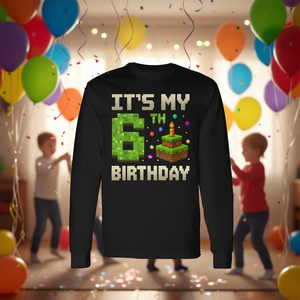 T-shirt a maniche lunghe per ragazzi con stampa It's My 6Th Birthday Pixel Cake - Product Image 3
