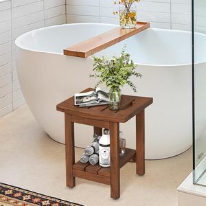 Tabouret de salle de bain en teck, bois massif, profondeur 25,4 cm x largeur 35,6 cm x hauteur 38,1 cm, imperméable, antidérapant, siège de douche pour sauna - Product Image 1