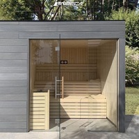 Ruang Sauna Kayu Cedar Merah Modern untuk Luar Ruangan dengan Kaca Panoramic, Tungku Sauna Elektrik, Kapasitas 4 Orang, Cocok untuk Taman, Villa, dan Gym