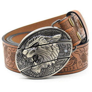 Cinturón de Cuero Genuino para Hombre, Hebilla Plateada con Diseño de Girasol Grabado, Estilo Vintage, Tendencias Individualistas, Duradero - Product Image 5