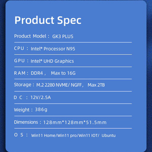 <span class=keywords><strong>Mini</strong></span> <span class=keywords><strong>PC</strong></span> professionnel compact Triple 4K DDR4 Quad Core SSD Double WiFi Win 11 <span class=keywords><strong>Pro</strong></span>/Ubuntu N95 Ordinateur de bureau <span class=keywords><strong>GK3</strong></span> Plus - Product Image 5