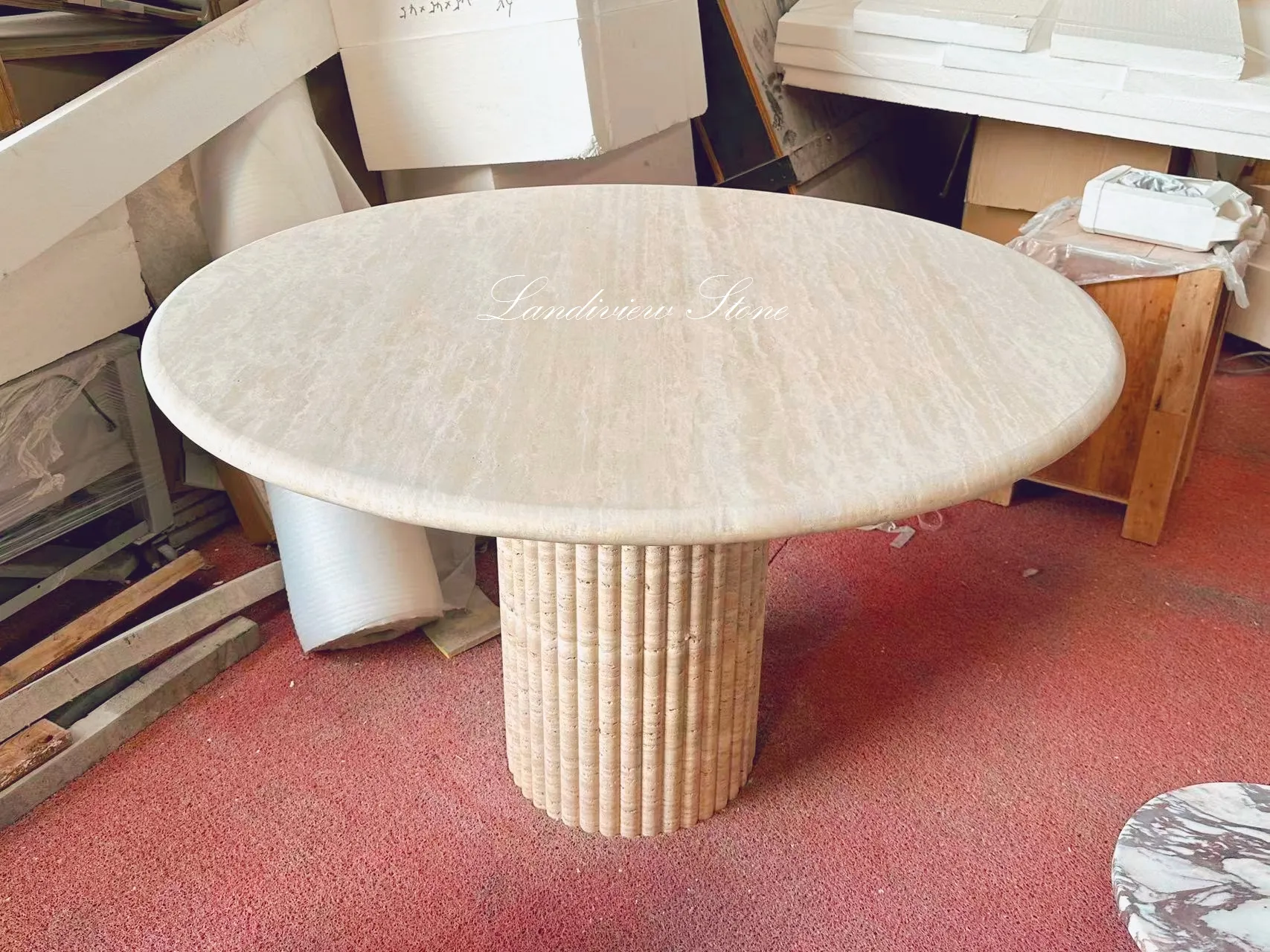 Cava Fluted Round Beige Travertine Dining Table Living Room Stone Furniture Travertine Dining Table
