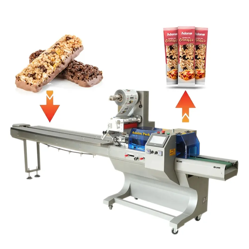 Macchina confezionatrice per biscotti automatica a flusso di cuscini macchina avvolgitrice orizzontale sigillatura biscotti torta snack caramelle