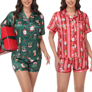 Ensemble <span class=keywords><strong>de</strong></span> <span class=keywords><strong>pyjama</strong></span> en satin pour femmes avec imprimé <span class=keywords><strong>de</strong></span> Noël, manches courtes et short, motif Père Noël, taille plus, vêtements <span class=keywords><strong>de</strong></span> nuit pour les fêtes - Product Image 1