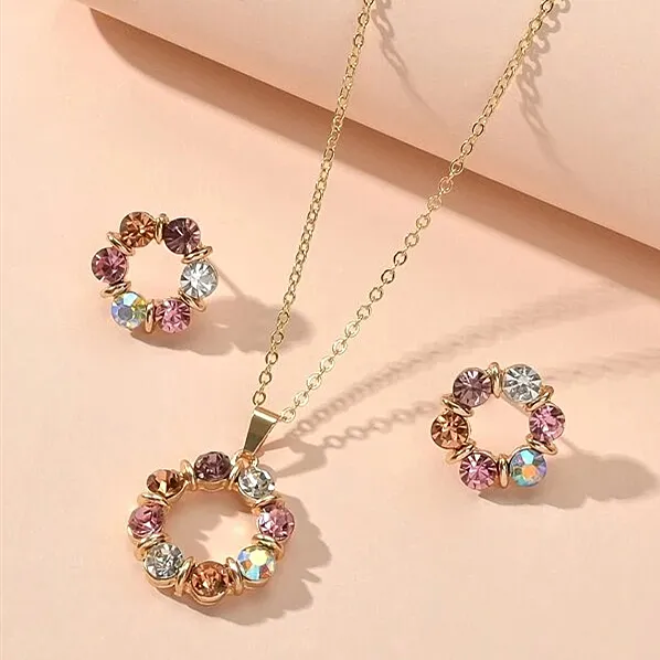 Khí Chất Kim Cương Hoop Bông Tai Mặt Dây Chuyền Vòng Cổ 3 Cái Rhinestone Trang Sức Set Cho Phụ Nữ Cô Gái