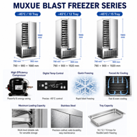 Réfrigérateur commercial MUXUE en acier inoxydable à 10 plateaux et 1 porte -40°C ℃   Congélateur rapide pour viande et pain