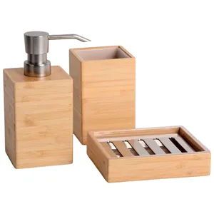 3 Piece trang trí tre phụ kiện phòng tắm Set với xà phòng Dispenser xà phòng món ăn tre cup phòng tắm Countertop farmhouse