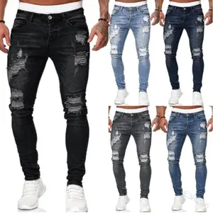 גברים ג 'ינס סקיני למתוח עם חורים ולבן slim הולם ג' ינס ז 'אן אופנה חותלות גברים של ג' ינס