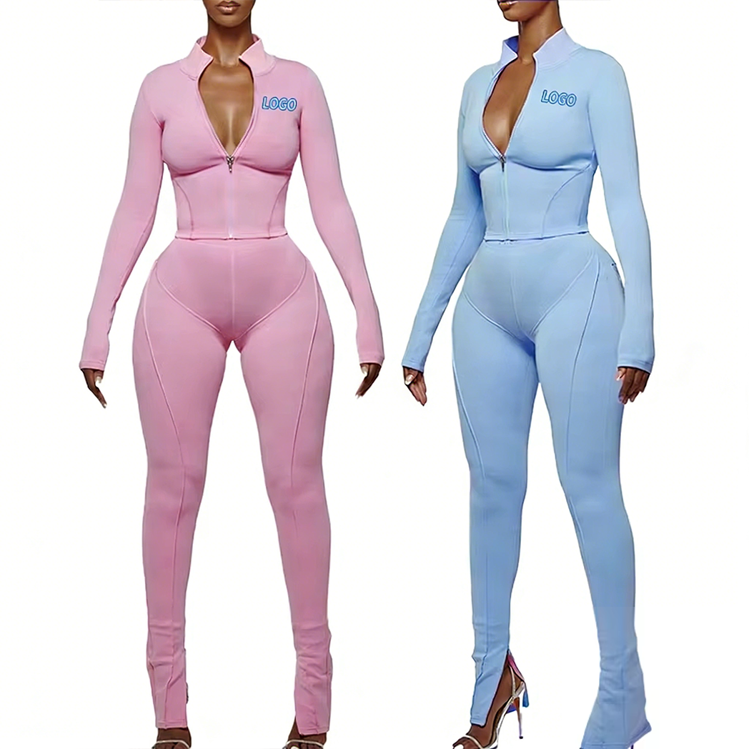 Huili Custom High Stretch Zip Up Crop Top And Leggings Sports Wear Pants Skinny Tracksuit Gym 2 Piece Set Tracksuits For Women