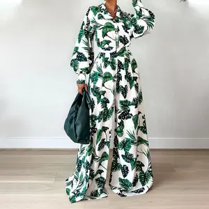 2 Stück Womens Green Tropical Floral Print Langarm Damen Kleid Tops und Wide Leg Pants Anzug Casual Women Zweiteiler Set