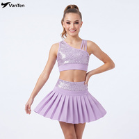 Ensemble de danse pour filles sur mesure avec haut court à sequins à une épaule et jupe plissée - Costume de danse lyrique scintillant lavande pour enfants