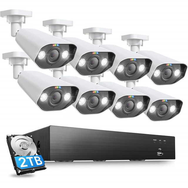 8CH 4K PoE Security Camera System 8pcs Outdoor Indoor IP66 NVR 8MP 2TB HDD Smart Person Vehicle Detection Color Spotlight Alarm