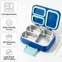 Boîte à bento pour enfants à 3 compartiments en acier inoxydable 304, étanche, avec couverts, pour l'école, le bureau, le camping et les pique-niques, préparation de repas, salade