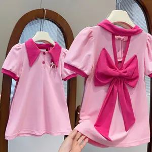 2023 baru musim panas mode anak perempuan kerah lipat Pink kembali busur kelinci gaun A-line 2-7 tahun