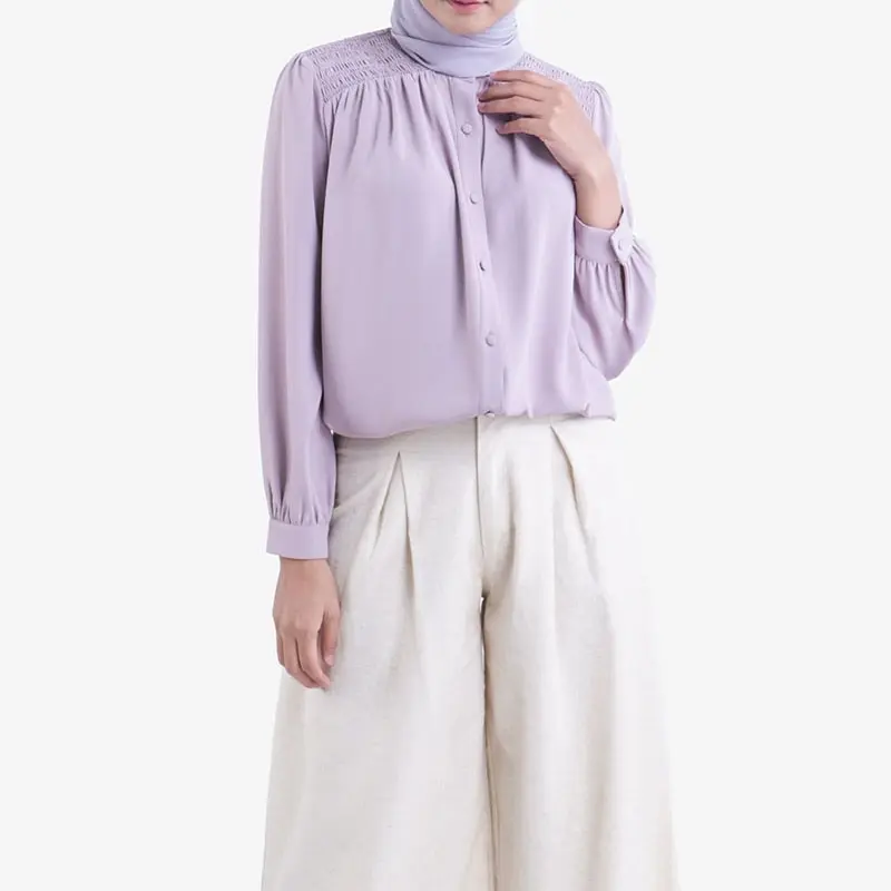Solid color long sleeve tops for muslim women camisa de mujeres indonesian chiffon button muslim blouse women malaysia