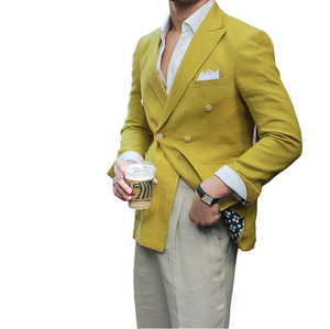 Traje de Negocios Delgado de Hombre con Solapa de Cáñamo, Doble Botonadura, Color Sólido, Manga Larga, Chaqueta Ajustada Transpirable - Product Image 1