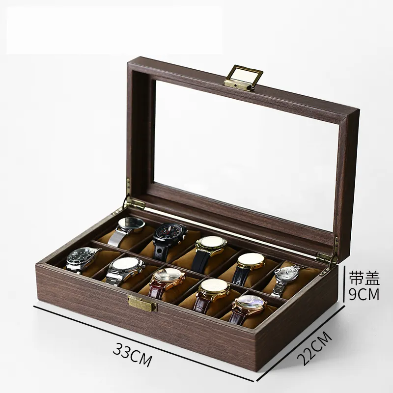 ロック木製時計とガラス蓋ボックスケース付きの高品質木製収納時計ボックス