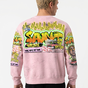 T-shirt court rose à manches longues pour homme, style streetwear oversize avec imprimé graffiti au dos, en coton tricoté, col rond - Product Image 6