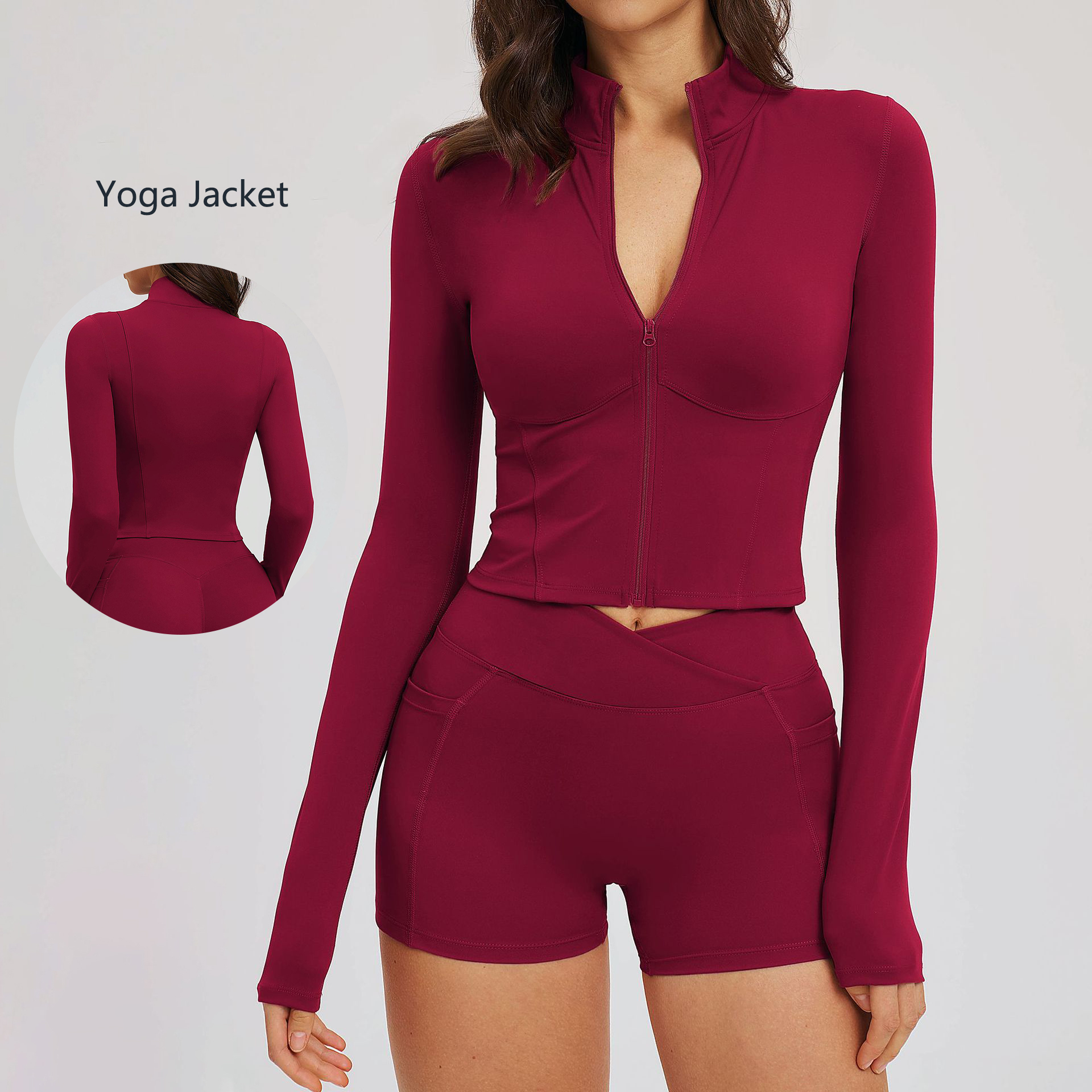 Women's Yoga Jacket Stand Collar Zipper Tight Solid Color Short Navel Top Outdoor Running Casual Sports Long Sleeve