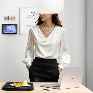 Blusa de Satén para Mujer, Cuello en V, Manga Larga, Holgada, para Primavera y Otoño, Oficina, Trabajo - Product Image 3