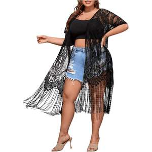 Kimono Cardigan Femme Grande Taille Personnalisé en Dentelle Transparente à Franges, Manches Courtes, Col Carré, Coupe Ample, Ouvert sur le Devant - Product Image 1