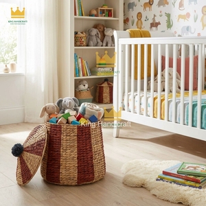 Cesto de almacenamiento de jacinto de agua con tapa, organizador de mantas tejido para niños, cesta decorativa para habitación infantil - Product Image 2