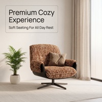 Fauteuil pivotant moderne en tissu marron capitonné avec structure en contreplaqué courbé et base métallique pour la maison ou le bureau