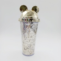 Gelas Plastik Tumbler Dinding Ganda Motif Telinga Tikus Mickey Ear Dome Dengan Sedotan dan Tutup