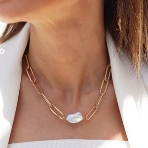 Mulheres Bijoux Femme Jóias 18K Banhado A Ouro Irregular Barroco Água Doce Pérola Papel Pin Aço Inoxidável Colar Paperclip Cadeia - Product Image 1