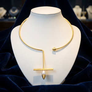 Gold-Plated Brass Freshwater Pearl <b>Statement</b> <b>Necklace</b> Unisex Geometric Design 22" Length Festival Jewelry - Product Image 3