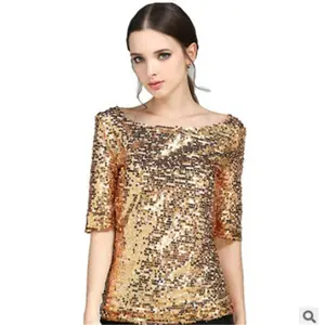 2024 estate nuova t-shirt con paillettes a manica media da donna maglia larga realizzata in tessuto largo ricamato Top indiano all'ingrosso con paillettes