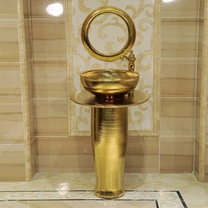 Luxury Golden Color Bathrooms Sink Porcelain Sinks Home Decoration Ceramic Gold Color Standing <strong>Vanity</strong> with <strong>Mirror</strong> - Product Image 1