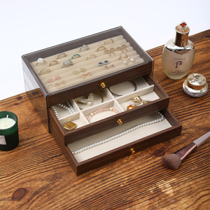 GQK Walnut Wood Pattern Jewelry <b>Box</b> Necklace <b>Earrings</b> Rings/bracelets Organizer High-end Three-layer Jewelry Storage <b>Box</b> - Product Image 3