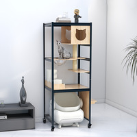 Arbre à chat multi-niveaux Baboney en bois de pin avec bac à litière, étagère, toilette et lit - Sans peinture et structure métallique, style épuré