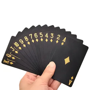 Cartas de jogo de poker banhadas a ouro, logotipo personalizado de alta qualidade, suave, de plástico, à prova d' água, preto