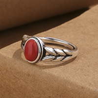 Bague réglable en cuivre style antique, agate rouge du Sud, motif épi de blé, design thaïlandais simple pour femme, idéale pour mariage, fête, anniversaire