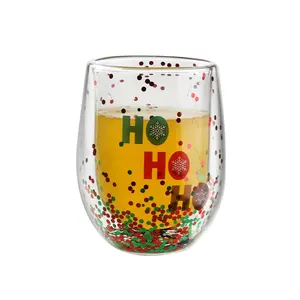 Glitter Powder Glass Water Coffee Cup 12 Oz Borosilicate Heat Resistant Double Walled Kids Glass For Christmas Gifts