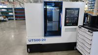 Tour CNC d'occasion UT400E économique pour la fabrication de joints, commande FANUC, double broche, structure à banc plat, centre de tournage