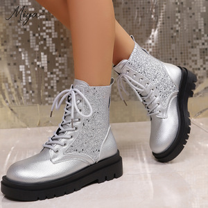 Bottines à lacets en cuir PU à paillettes dorées, tendance automne-hiver 2026, pour femmes, plateforme, semelle épaisse, bottines courtes - Product Image 4