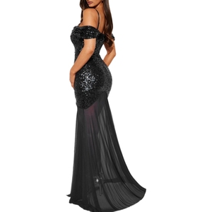 New Arrival Sexy <b>Spaghetti</b> <b>Straps</b> Beaded Splicing Mesh Sequin Dress Evening Gowns for Women Fashion - Product Image 3