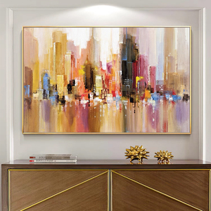 Pintura al óleo de paisaje texturizado de ciudad moderna hecha a mano, decoración de pared de lienzo, arte de pared de paisaje urbano abstracto colorido grande para la vida - Product Image 4