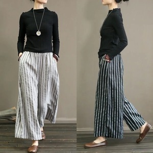 Cotton Linen Striped Wide Leg Pants Women Casual Breathable Loose Fit Plus Size Straight Leg Pants With Pockets Summer Style - Product Image 3