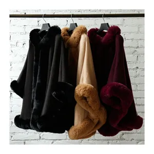 Wholesale Super Soft Big Size Wool Blend Women's Light Weight Cape Coat With Faux Fur Trim