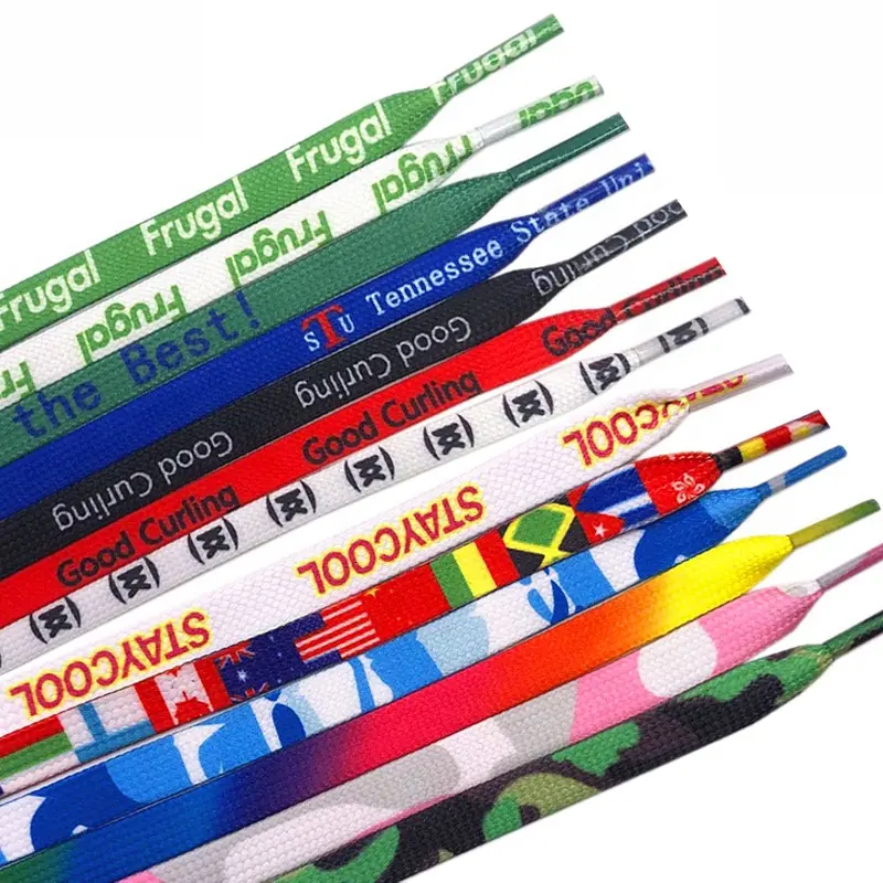 Custom Branded LOGO Pattern Color Fashion Premium Polyester Printed Gradient Rainbow Flat Shoelaces