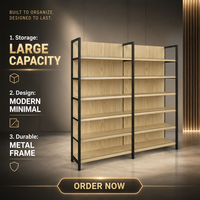 Étagère de supermarché réglable et durable en grain de bois, avec cadre métallique et revêtement en poudre époxy, installation rapide, présentoir multi-usages