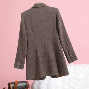 Women's Blazer Mid Length Slim Fit Solid Color Woven Fabric Dark Brown Suit Patchwork Cuffs Magazine Style - Product Image 3